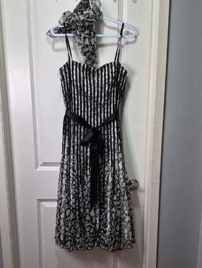 Vintage Cache Black and White Striped Midi Dress with Floral Skirt. Scarf.